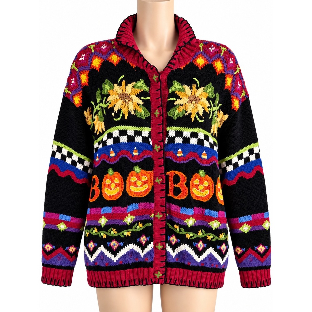 Tiara Petites Halloween BOO Pumpkin Cardigan Sweater Size L Embroidered Vintage